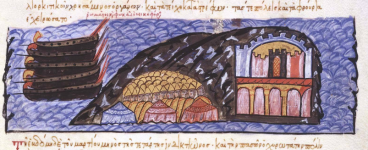 The siege of Candax by the byzantine troops of Nicephoros Phocas, Μiniature from the 11th c. manuscript of Johannes Skylitzes, copied in the 12th c.  (©National Library of Madrid)